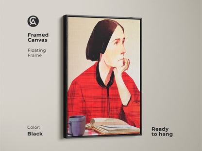 Framed canvas of an expressive woman reading. The black floating frame enhances this folk art portrait. See her with a coffee cup and book. This wall art is ready to hang and adds an eclectic touch to your home decor. A perfect study room wall hanging.