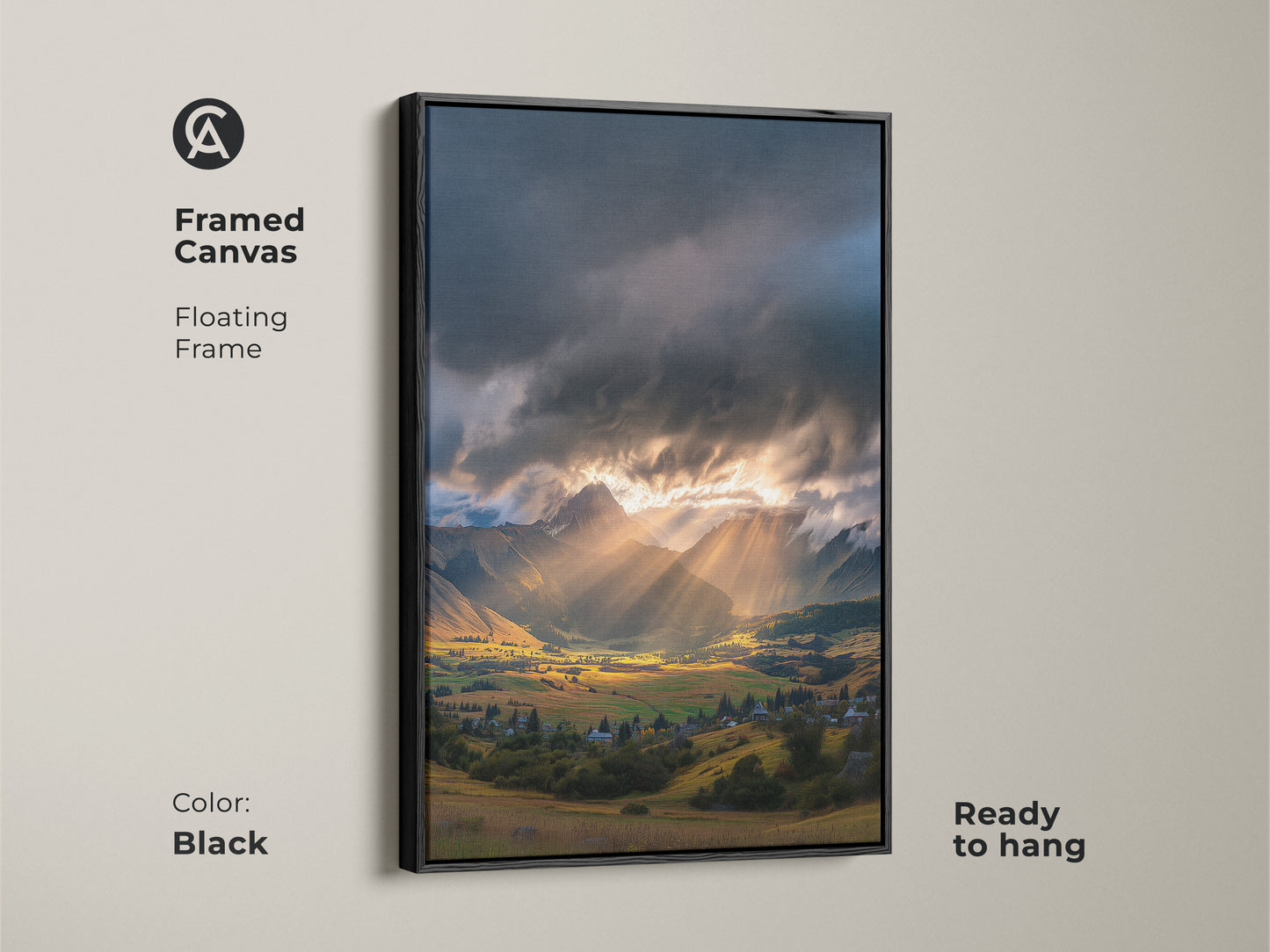 Framed canvas of a mountain valley art print. Golden hour landscape with dramatic sun rays. Floating frame in black adds a modern touch. Ready to hang scenic village artwork for contemporary home decor.