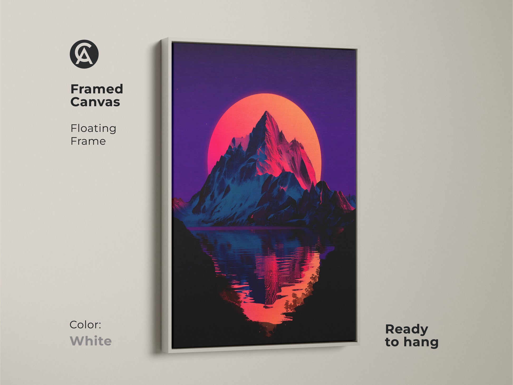Framed canvas art of a synthwave mountain landscape. It has a white floating frame. The neon sunset and lake reflection create a peaceful scene. Ready to hang and complements any decor style.