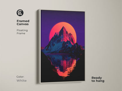 Framed canvas art of a synthwave mountain landscape. It has a white floating frame. The neon sunset and lake reflection create a peaceful scene. Ready to hang and complements any decor style.