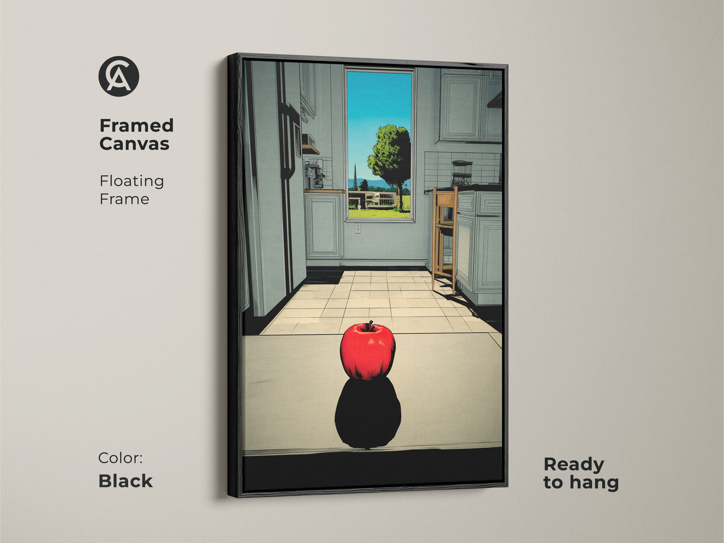 This framed canvas features an apple in a kitchen. The floating frame is sleek and modern in black. This canvas artwork is ready to hang. Enhance your home decor with framed art.