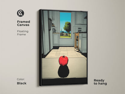 This framed canvas features an apple in a kitchen. The floating frame is sleek and modern in black. This canvas artwork is ready to hang. Enhance your home decor with framed art.