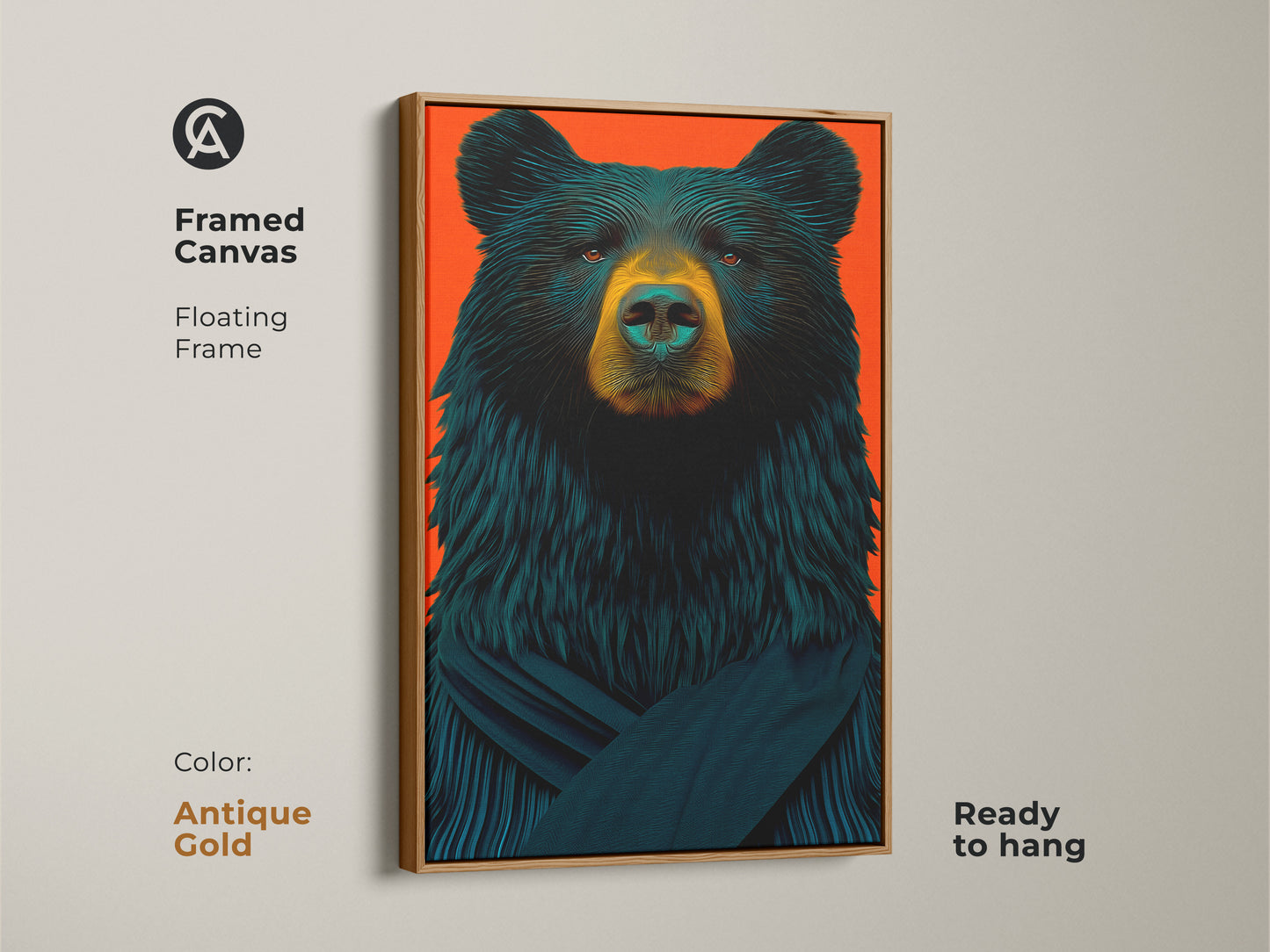 Black bear line art in a framed canvas with an antique gold floating frame. Contemporary wildlife artwork adds sophistication to any room. Perfect nature gift for den or office decor.