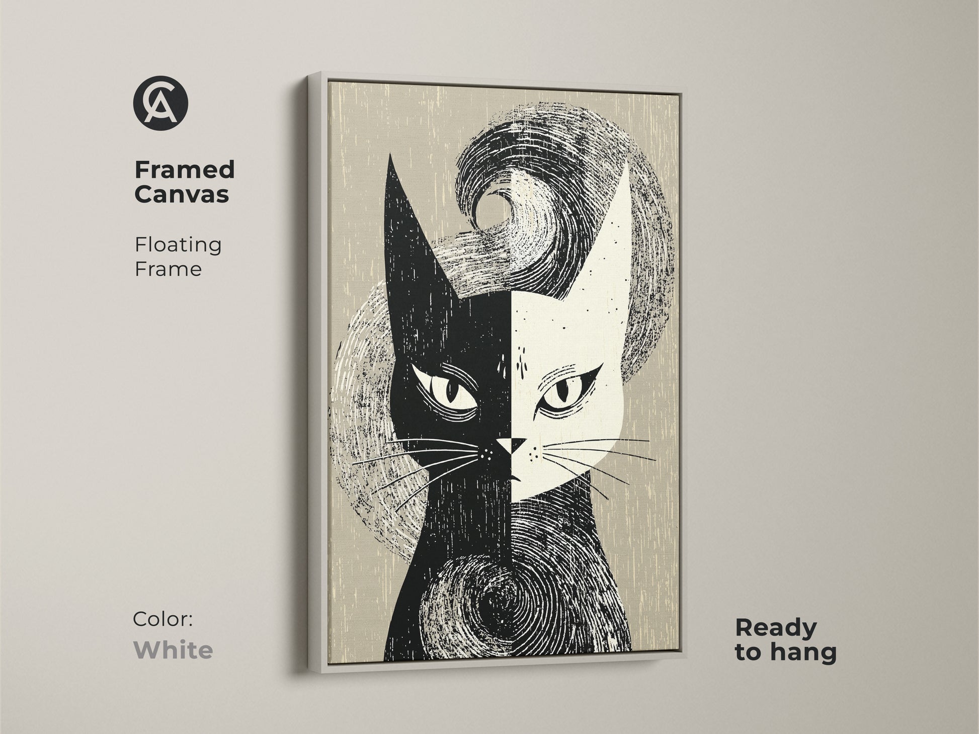White framed canvas featuring mid-century modern cat artwork. The abstract black and white animal face adds a retro touch to your home. Ready to hang with a floating frame. Ideal for modern decor styles. A unique monochrome cat art print perfect for cat enthusiasts.