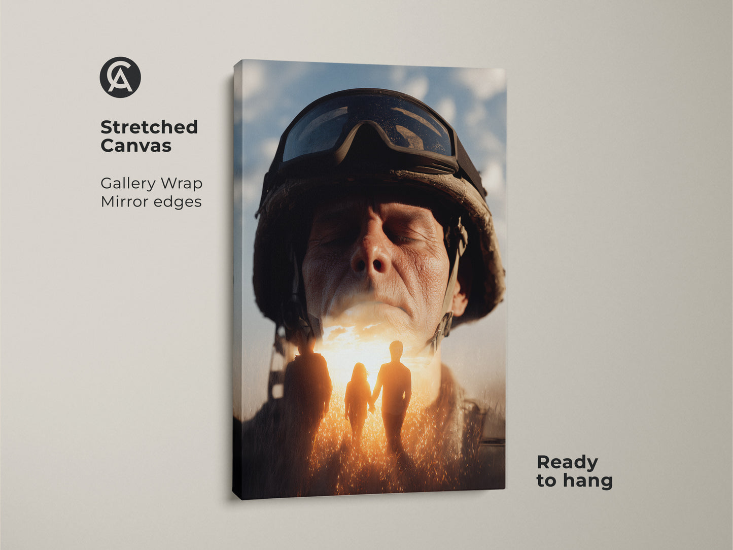 Stretched canvas print featuring conceptual soldier artwork. Gallery wrapped with mirrored edges this military family hope canvas is ready to hang. The golden yellow and sky blue tones evoke a surreal soldier portrait. Ideal veteran's day gift.