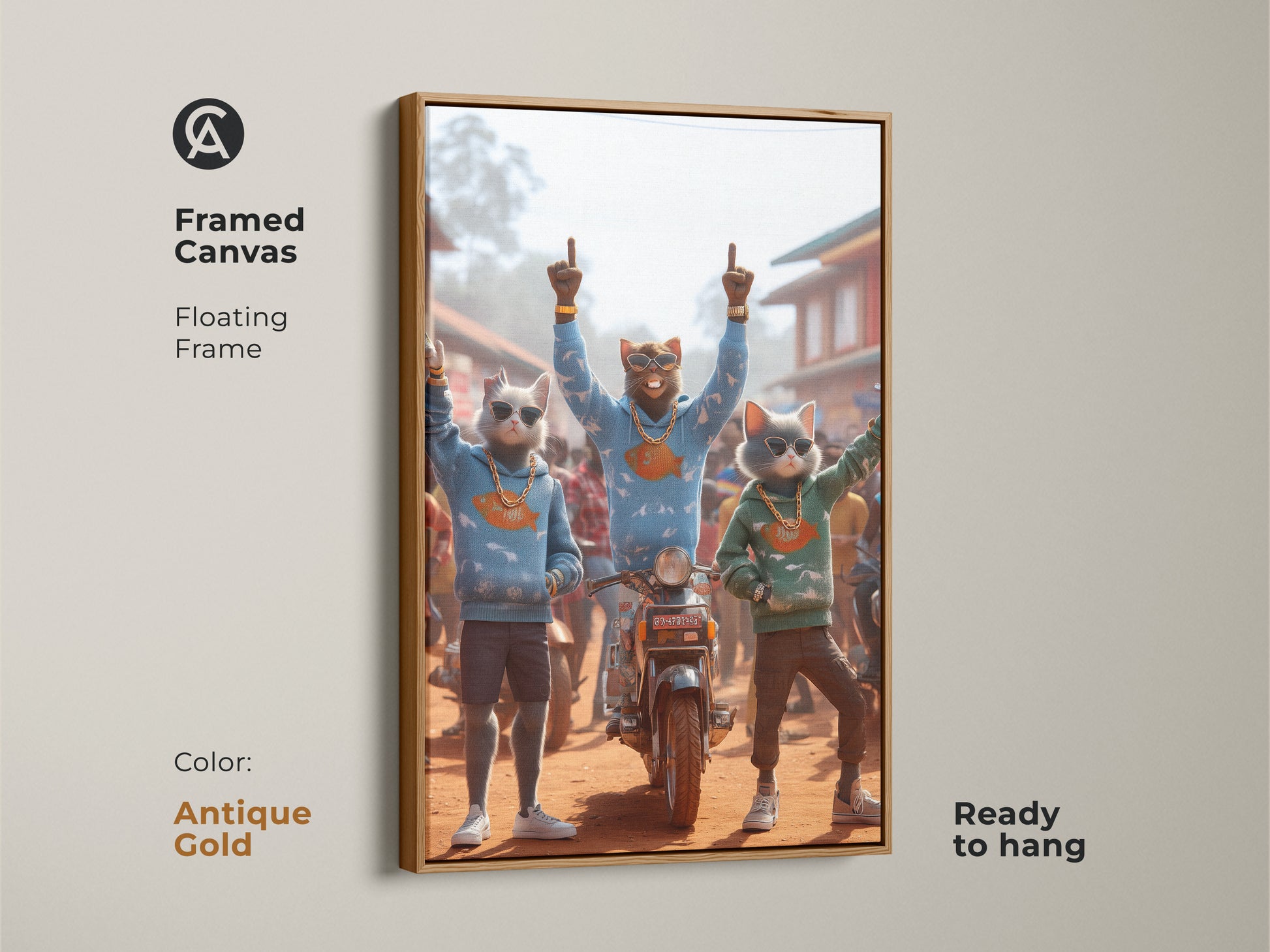 Framed canvas art showcasing three cool cat characters. The antique gold frame adds a touch of vintage charm. The artwork is ready to hang. It will bring a unique and stylish element to your wall decor. The cats are dressed in street style.