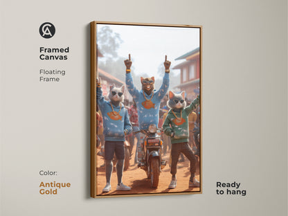 Framed canvas art showcasing three cool cat characters. The antique gold frame adds a touch of vintage charm. The artwork is ready to hang. It will bring a unique and stylish element to your wall decor. The cats are dressed in street style.