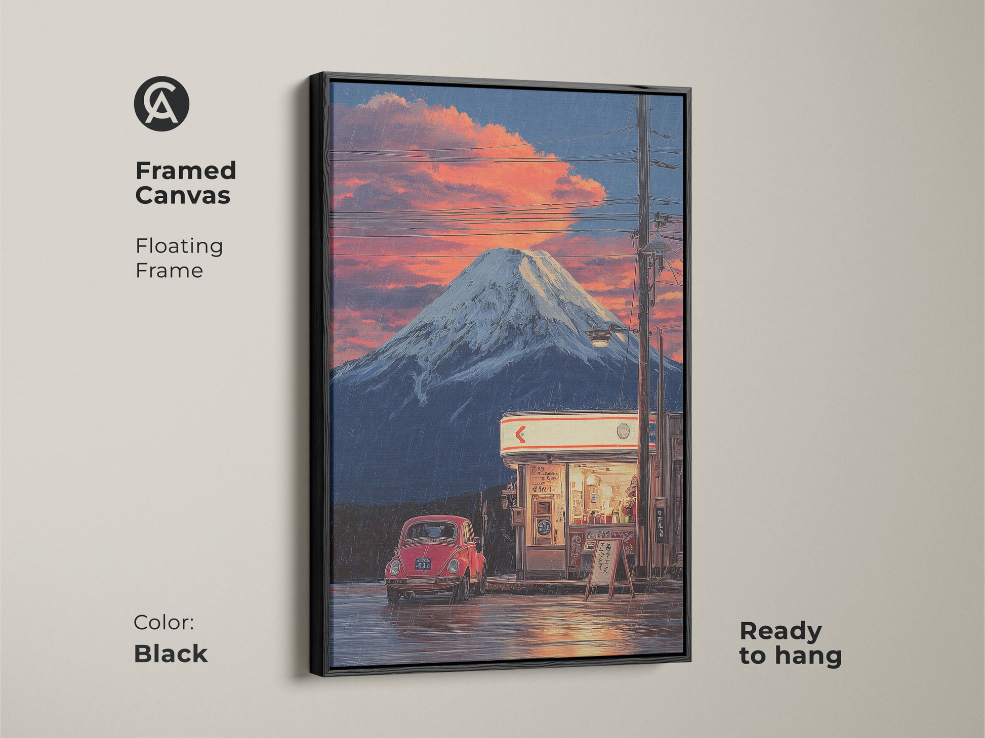 Framed canvas art of Mount Fuji in anime style with a black floating frame. This retro Japanese landscape features a vintage red car. Ready to hang wall decor with sunset clouds. A perfect eclectic touch for any space.