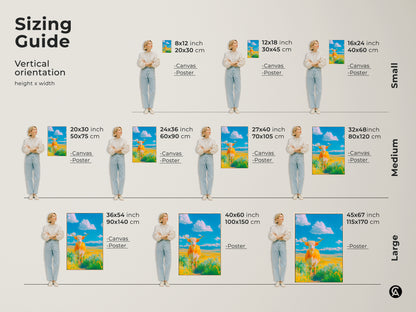 Sizing guide for Longhorn cow artwork. See vertical orientation options for canvas and poster prints. Find the perfect fit from small medium and large sizes. Visualize how each size complements your space.