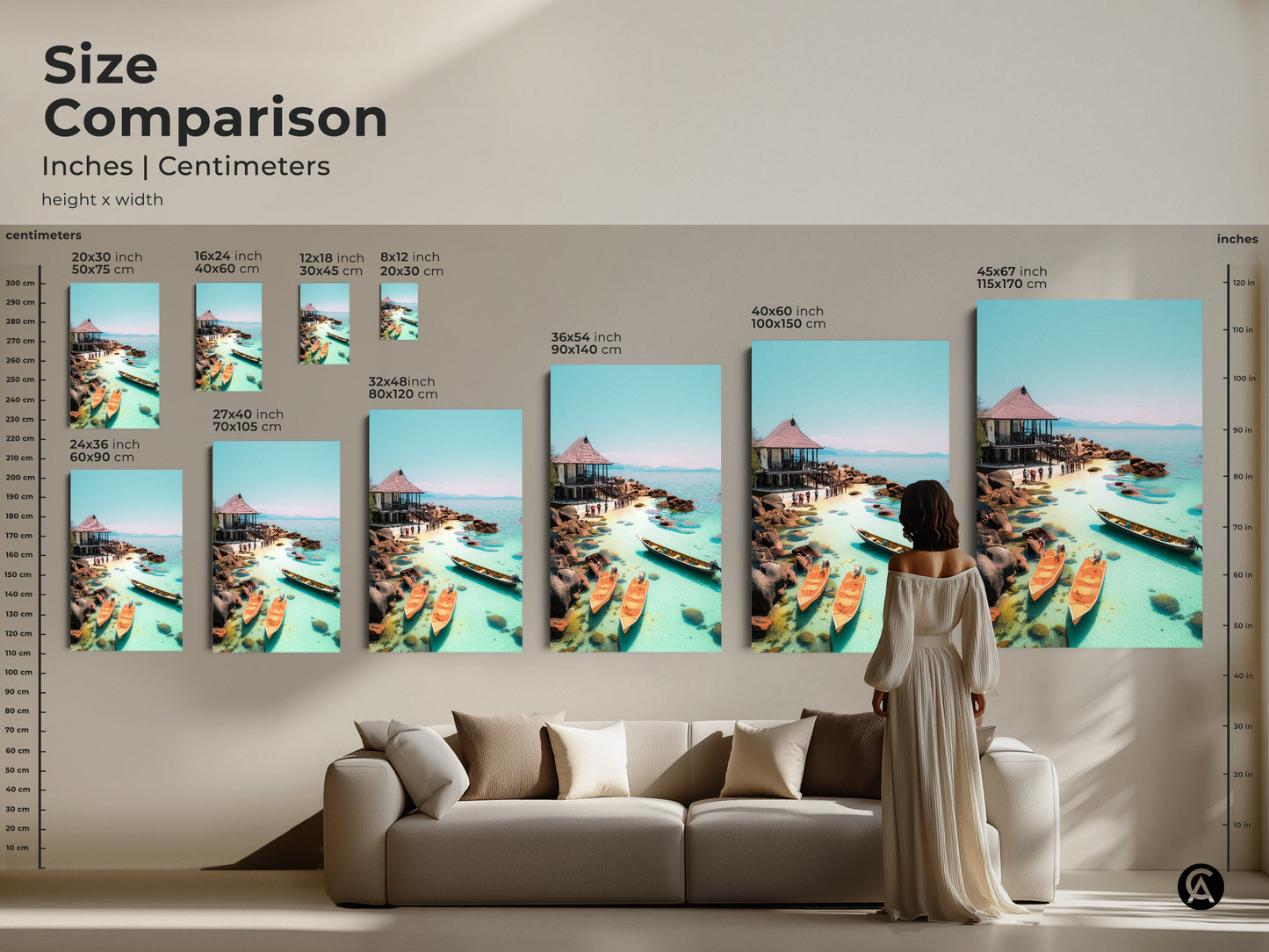 Size comparison of coastal canvas prints featuring a tropical beach scene. Inches and centimeters are shown for each artwork with varying height and width. This aqua blue ocean landscape with a seaside hut and boats is perfect for any space. Ideal for travel lovers and beach house decor.