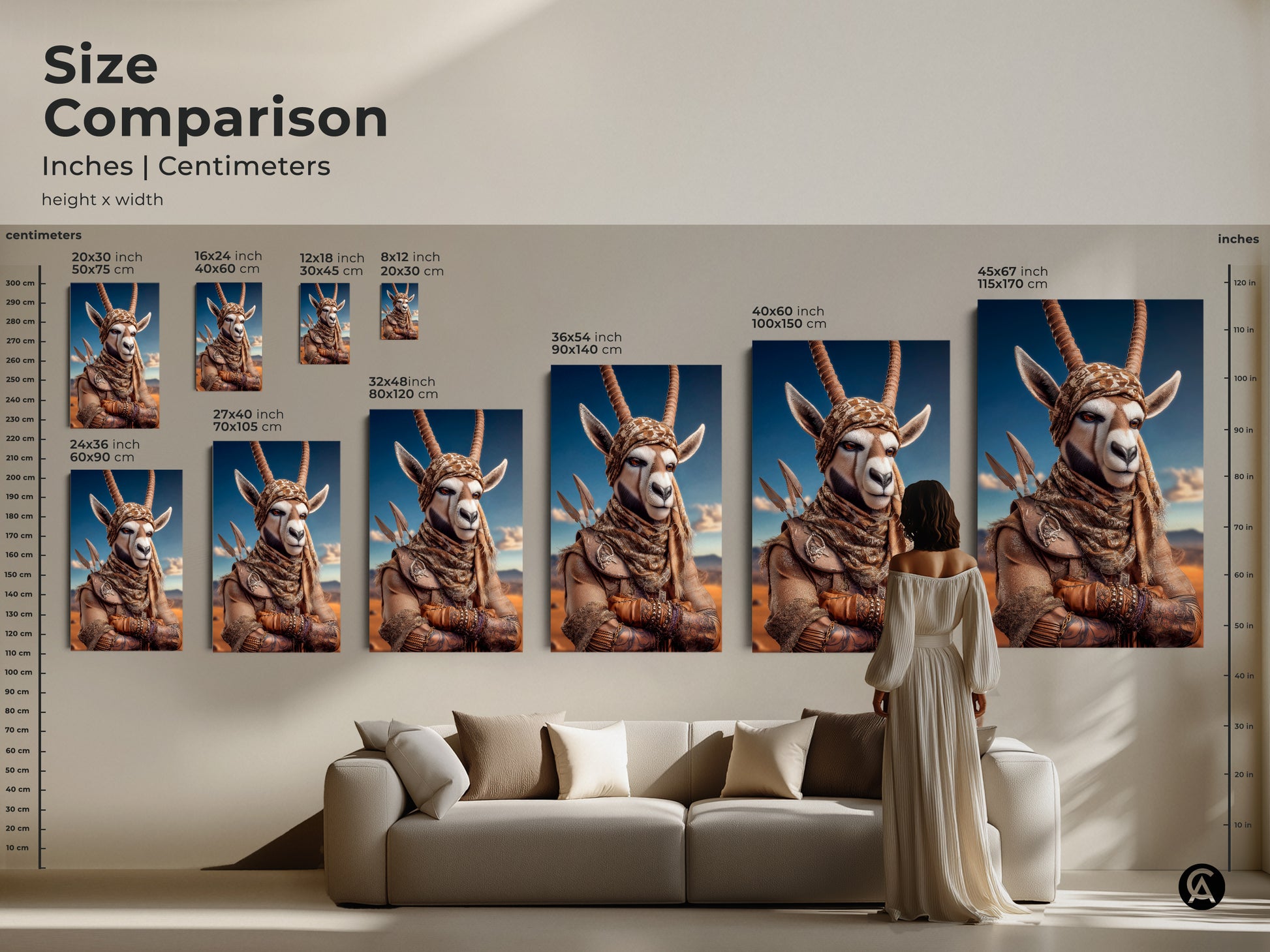 Size comparison of tribal gazelle canvas art. See how the sizes of the art fit into different wall sizes. Eclectic home decor print from small to large. Find the perfect fit for your space. Perfect travel inspired decor