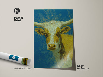 Poster print of a longhorn cow with yellow and white markings. The cow art has a blue background with abstract scratch marks. This easy to frame poster art comes rolled in a tube. Enhance your space with this unique cow illustration.