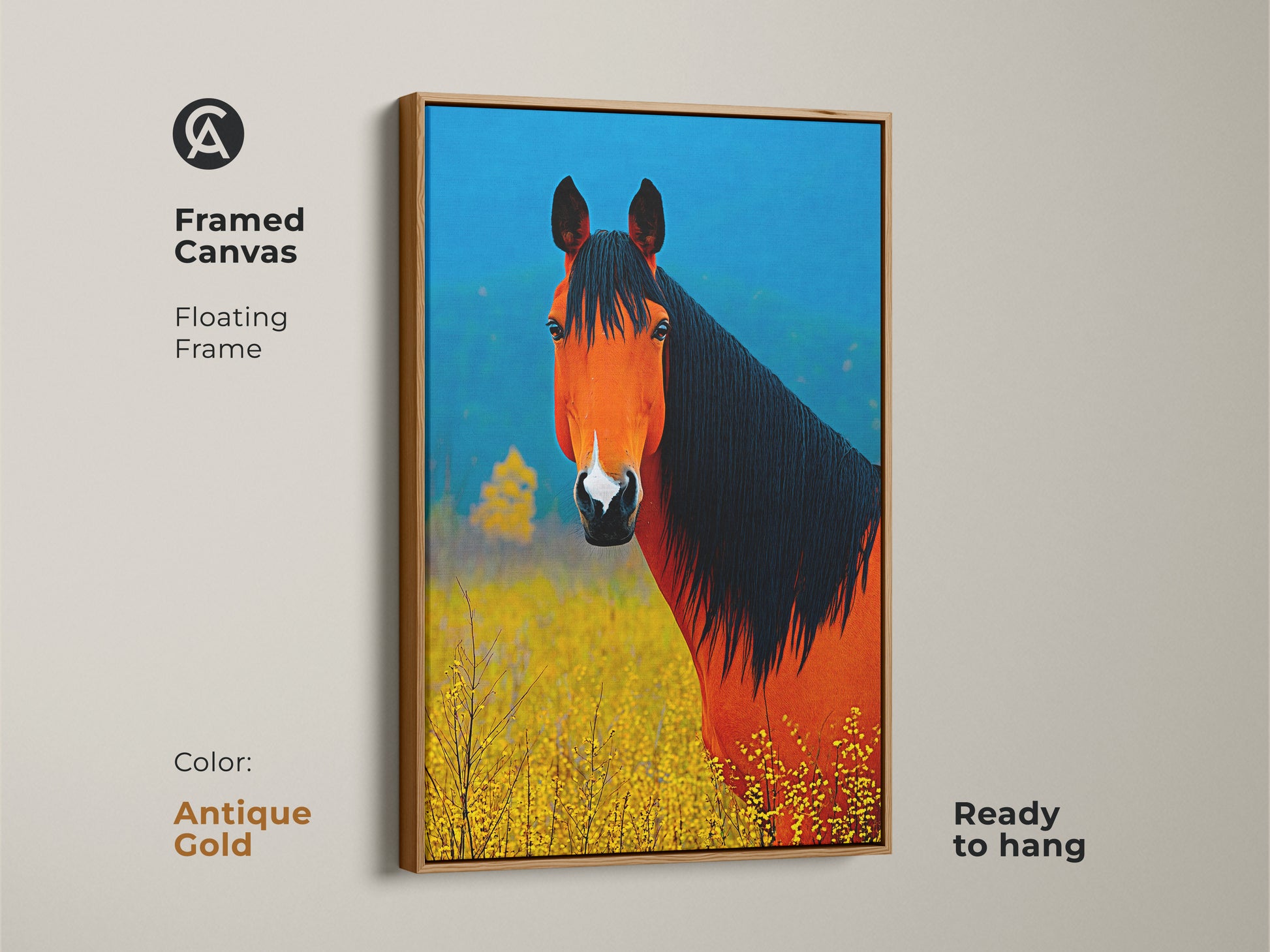 Framed canvas art. Antique gold floating frame displays orange and blue horse. Perfect as farmhouse wall decor or a gift for horse lovers. The equestrian home decor is ready to hang. Add nature's beauty to your space