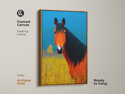 Framed canvas art. Antique gold floating frame displays orange and blue horse. Perfect as farmhouse wall decor or a gift for horse lovers. The equestrian home decor is ready to hang. Add nature's beauty to your space