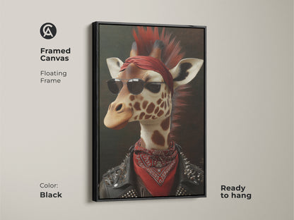 Framed canvas of a punk rock giraffe with a floating frame in black. This rocker style animal art is ready to hang. Showcasing sunglasses and a bandana. A unique animal lover gift and edgy home decor.