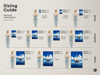 Sizing guide for coastal sailboat artwork prints. Vertical orientation options available in small medium and large sizes. Choose the perfect dimensions for your canvas or poster print. Find the ideal fit for your nautical home decor with this blue ocean seascape artwork.