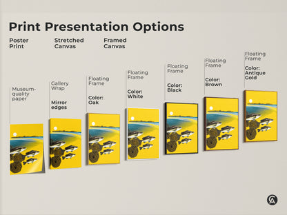 Explore print presentation options for abstract fish and landscape art. Choose from poster prints to stretched or framed canvases. Select a frame color to match your decor. Transform your space with eclectic wildlife artwork.