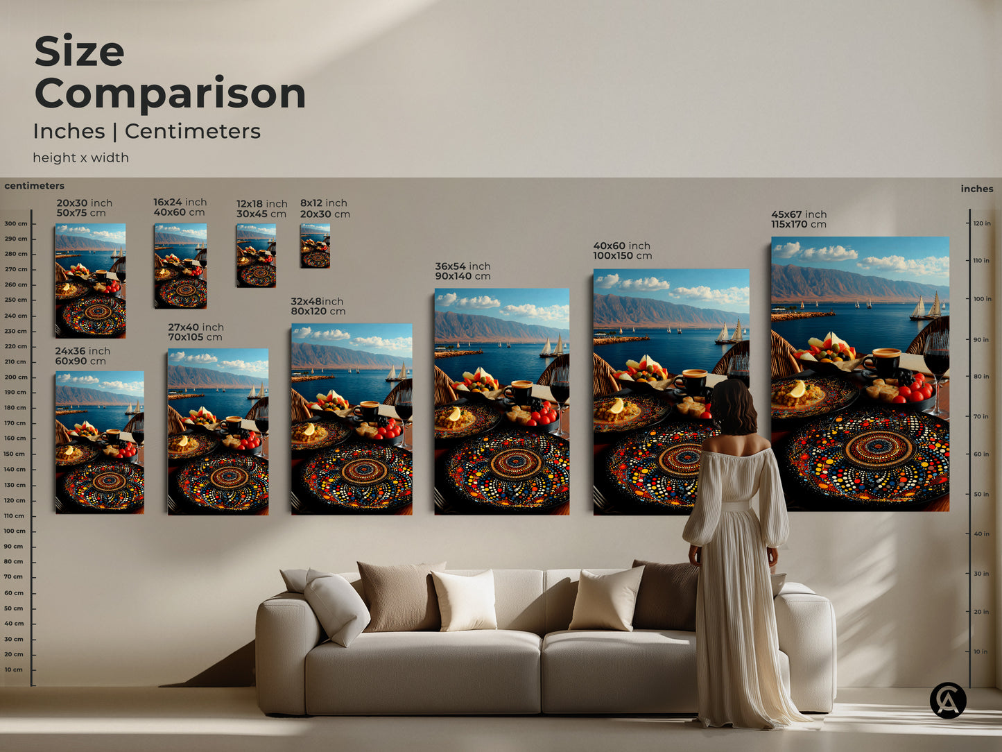 Size comparison of Mediterranean seascape artwork in inches and centimeters. See how canvas prints fit above a sofa. Sizes range from 8x12 to 45x67 inches. This folk art with sailboats and fruit is perfect for restaurants. Mandala plate art included.
