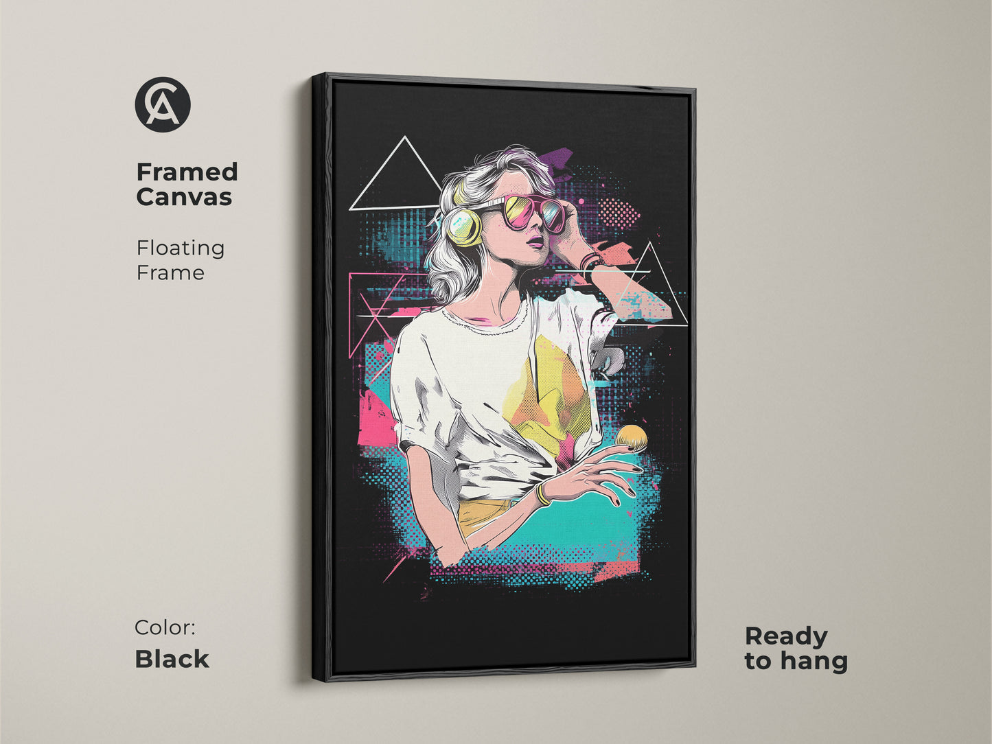 Framed canvas of a vaporwave woman art. This floating frame comes in black. The retro music lover gift is ready to hang. Synthwave aesthetic wall art for gamer room decor. A pink yellow teal canvas art.