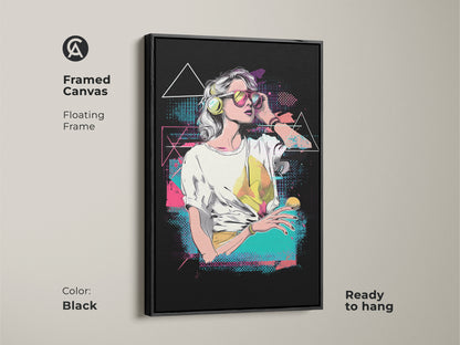 Framed canvas of a vaporwave woman art. This floating frame comes in black. The retro music lover gift is ready to hang. Synthwave aesthetic wall art for gamer room decor. A pink yellow teal canvas art.