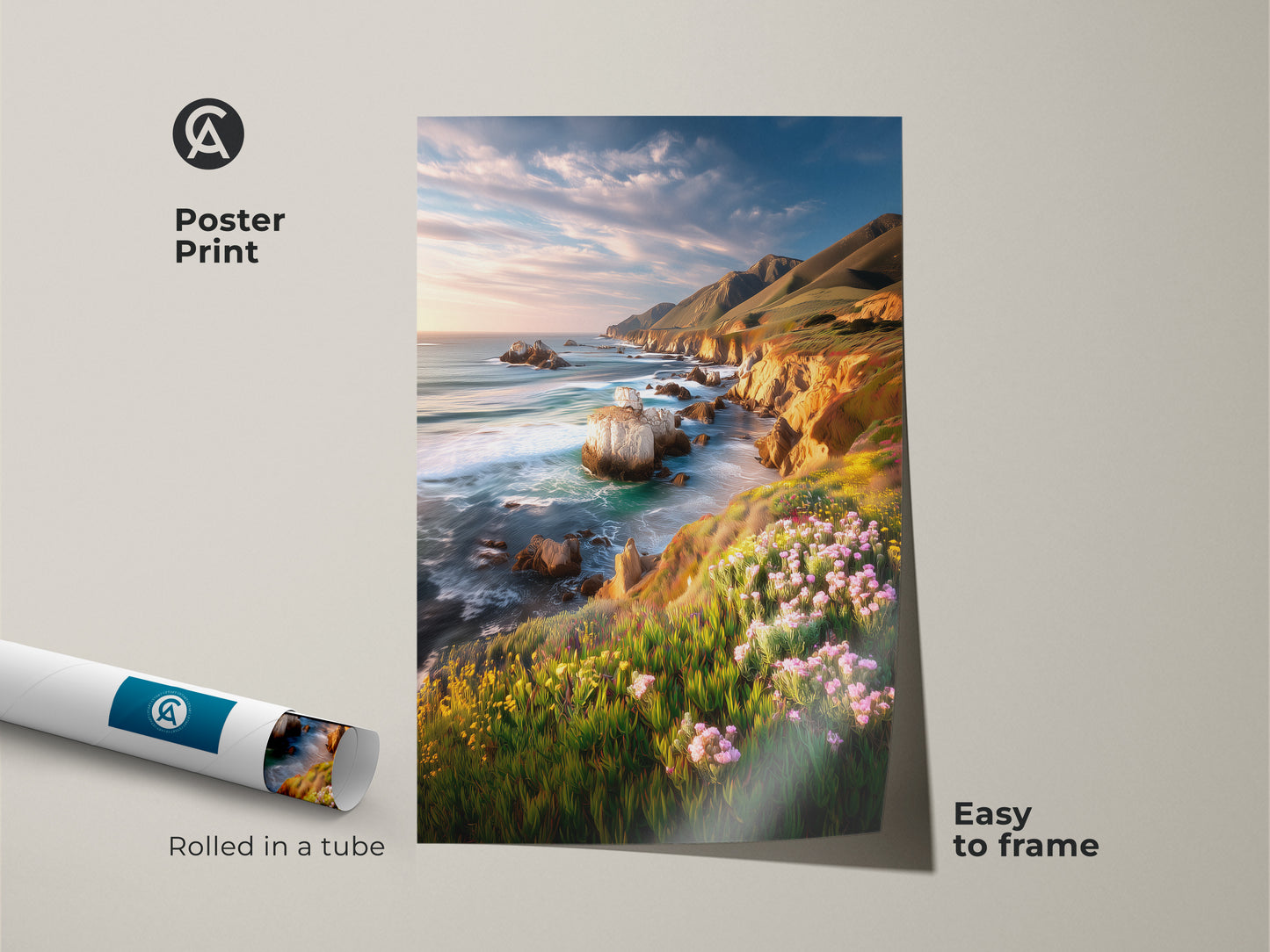 Coastal cliff ocean poster print rolled in a tube. Easy to frame this art captures vibrant wildflowers and scenic cliffs. It brings a tranquil ocean view to your wall decor. This nature landscape art is perfect for any beach house. A great housewarming gift.