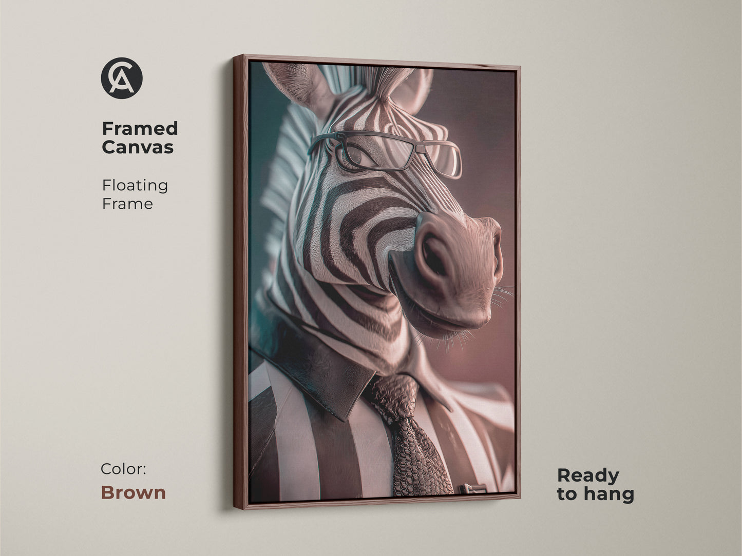 Brown framed canvas of a zebra dressed in a suit. Ready to hang floating frame enhances this monochrome portrait. This contemporary art is a unique animal lover gift. A sophisticated animal business portrait for your wall.