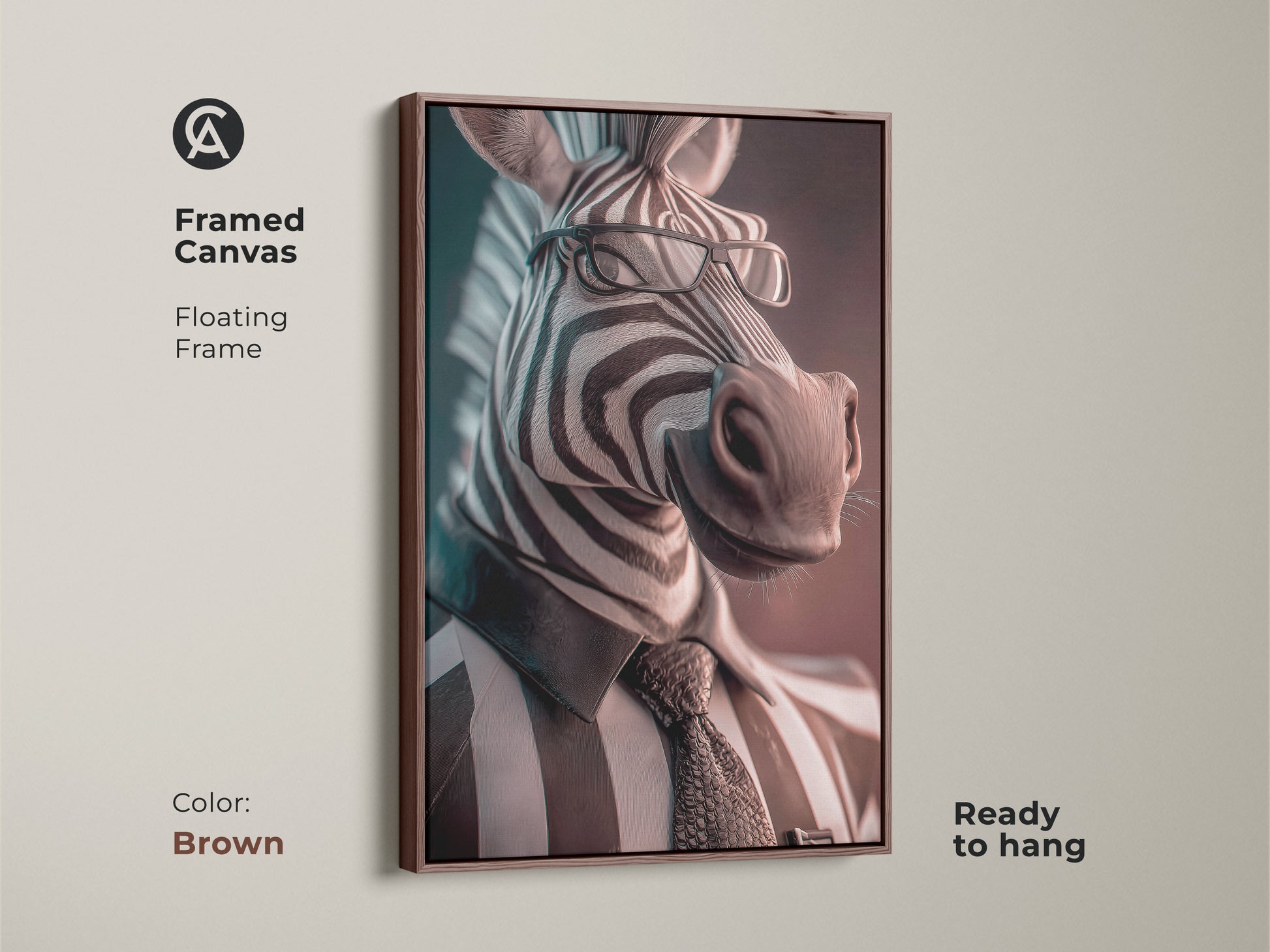 Brown framed canvas of a zebra dressed in a suit. Ready to hang floating frame enhances this monochrome portrait. This contemporary art is a unique animal lover gift. A sophisticated animal business portrait for your wall.