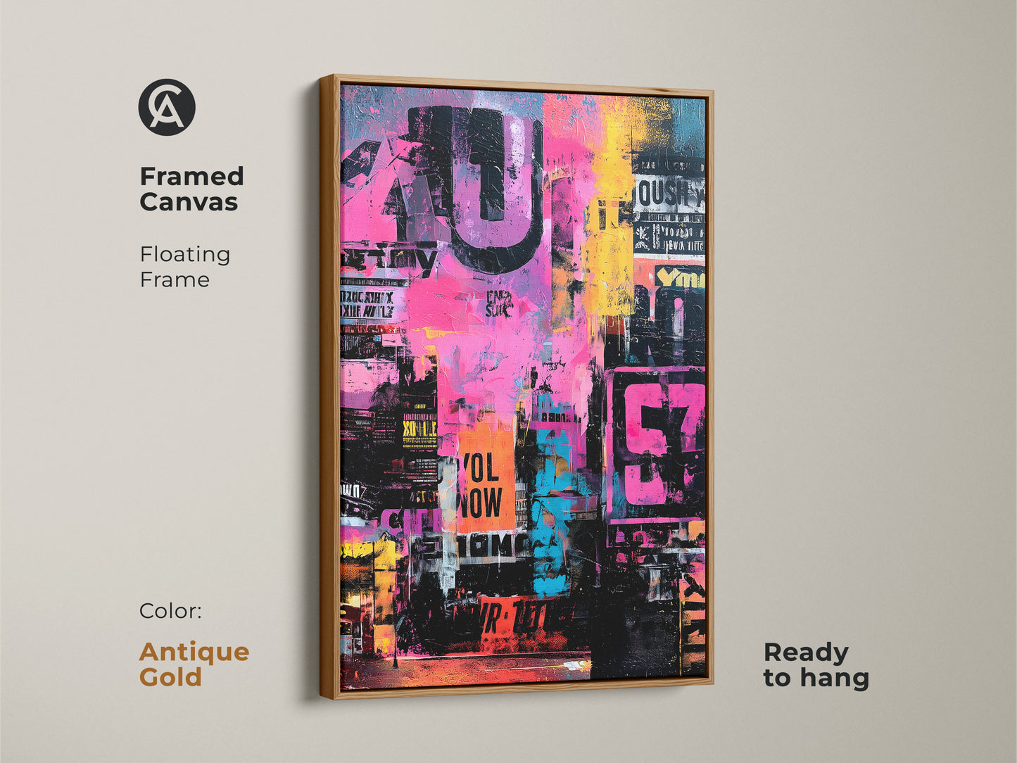 Framed canvas art with an antique gold floating frame. Ready to hang in your home or office. Abstract artwork features a collage of colors and urban typography. The antique gold frame adds a touch of elegance. Buy this beautiful artwork today.