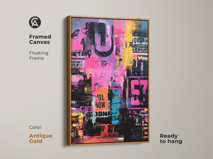 Framed canvas art with an antique gold floating frame. Ready to hang in your home or office. Abstract artwork features a collage of colors and urban typography. The antique gold frame adds a touch of elegance. Buy this beautiful artwork today.