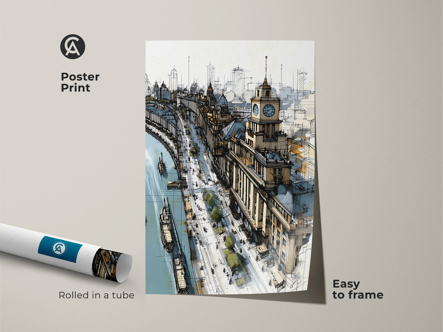 Poster print of a detailed cityscape sketch featuring a riverfront and clock tower. Contemporary tan and blue art rolled in a tube easy to frame. This travel-themed artwork adds an artistic touch to any space making it ideal for office decor or a unique housewarming gift.