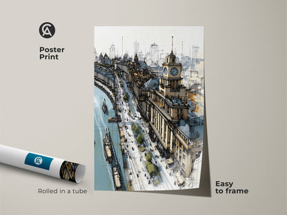Poster print of a detailed cityscape sketch featuring a riverfront and clock tower. Contemporary tan and blue art rolled in a tube easy to frame. This travel-themed artwork adds an artistic touch to any space making it ideal for office decor or a unique housewarming gift.