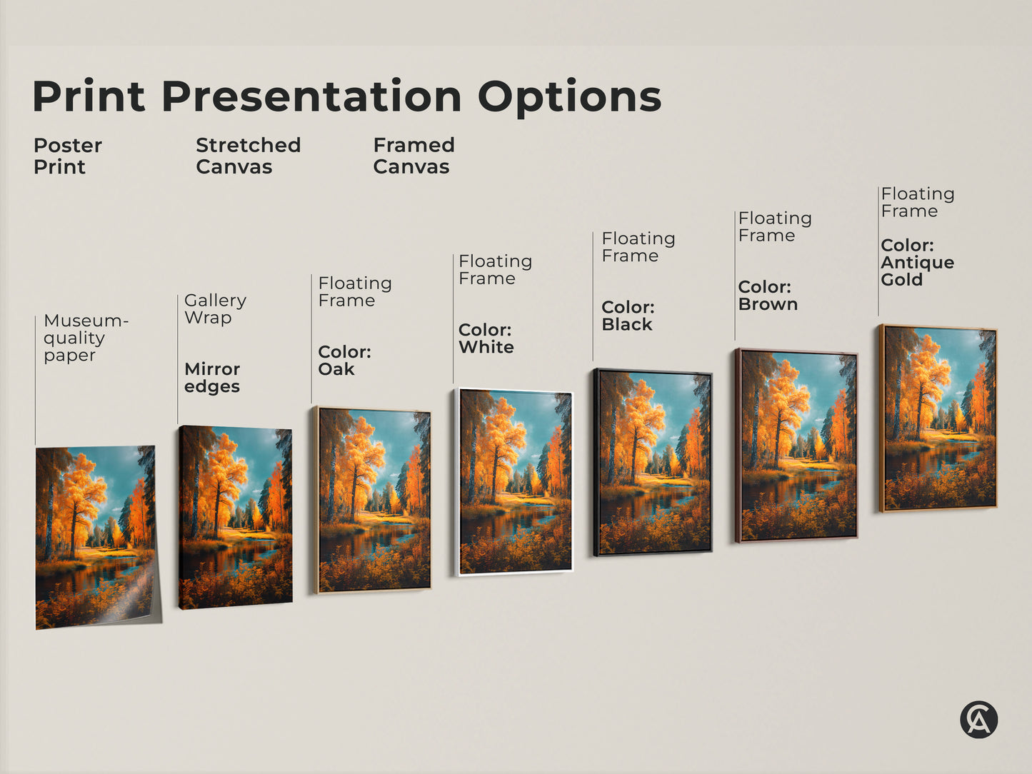 Explore print presentation options for stunning autumn landscape artwork. Choose from poster prints stretched canvas and framed canvas. Options include gallery wrap floating frames and various colors. Find the perfect style to showcase this beautiful forest scene in your home.