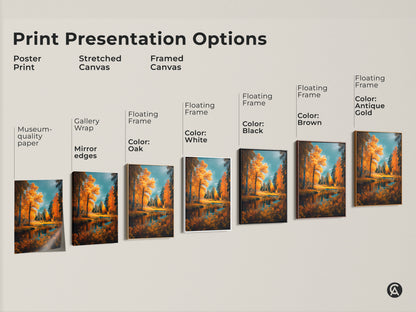 Explore print presentation options for stunning autumn landscape artwork. Choose from poster prints stretched canvas and framed canvas. Options include gallery wrap floating frames and various colors. Find the perfect style to showcase this beautiful forest scene in your home.