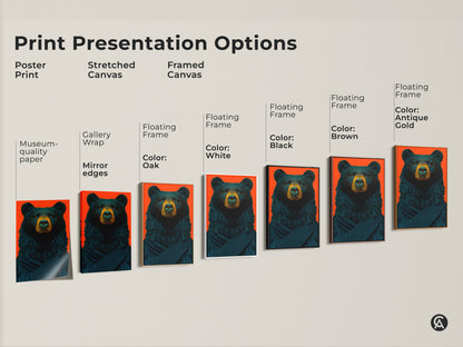 Explore presentation options for this black bear art print. Choose from poster prints stretched canvases or framed canvas options. Find the perfect style for your wildlife artwork.