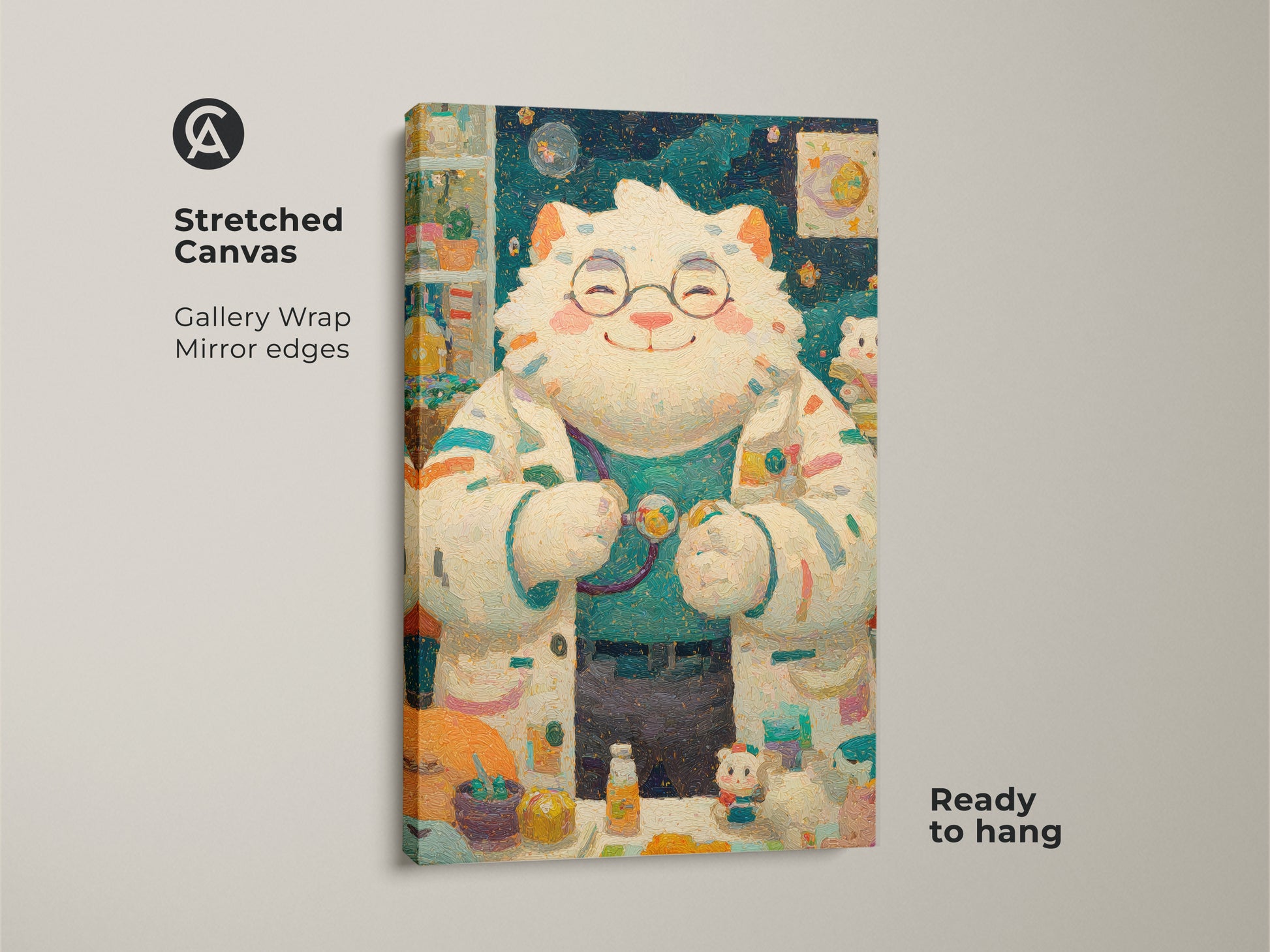 Stretched canvas art featuring a cat doctor with glasses and lab coat. Gallery wrapped with mirror edges this artwork is ready to hang. This unique piece adds charm to any room. Ideal for kids spaces or playful decor.