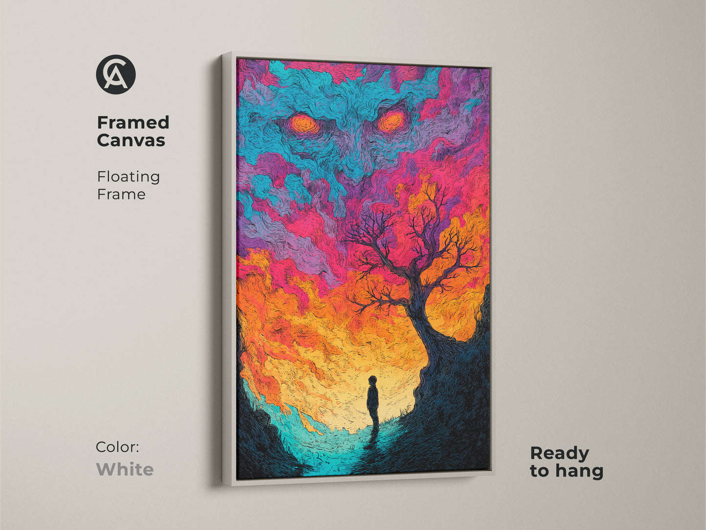 A framed canvas showcases unique artwork. The art shows a lone figure under the sky monster. The clean white frame offers a modern look. This ready-to-hang piece is perfect for contemporary homes. The art will add a touch of fantasy to your space. Check it out now.