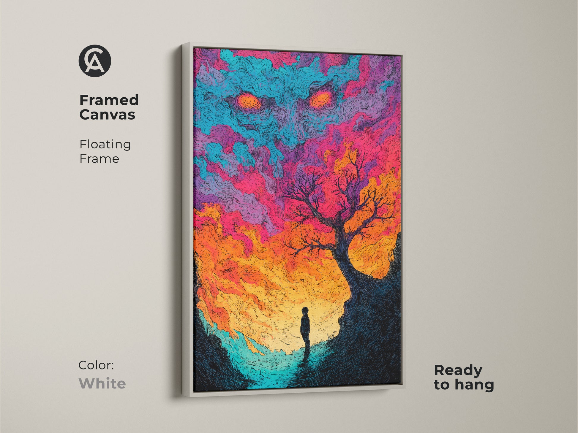 A framed canvas showcases unique artwork. The art shows a lone figure under the sky monster. The clean white frame offers a modern look. This ready-to-hang piece is perfect for contemporary homes. The art will add a touch of fantasy to your space. Check it out now.
