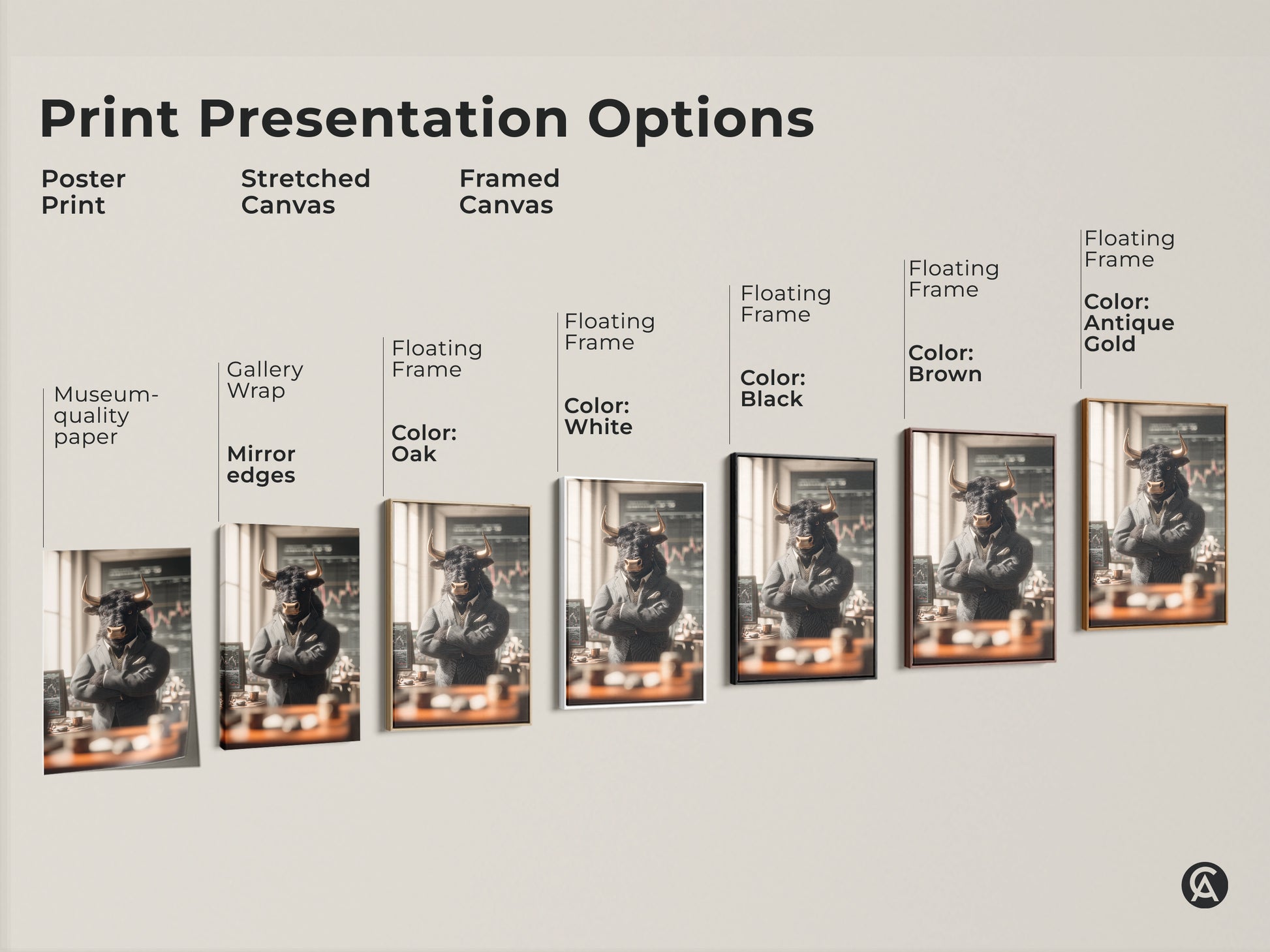 Print presentation options for bull in suit art. Choose from poster print stretched canvas or framed canvas. Options include gallery wrap museum quality paper and floating frames in various colors. Find the perfect presentation for your artwork.