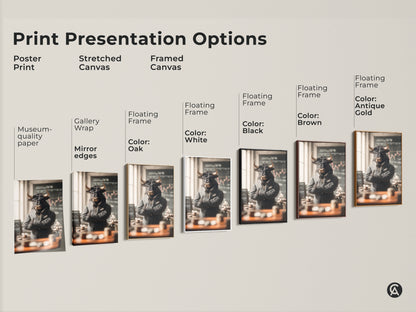 Print presentation options for bull in suit art. Choose from poster print stretched canvas or framed canvas. Options include gallery wrap museum quality paper and floating frames in various colors. Find the perfect presentation for your artwork.