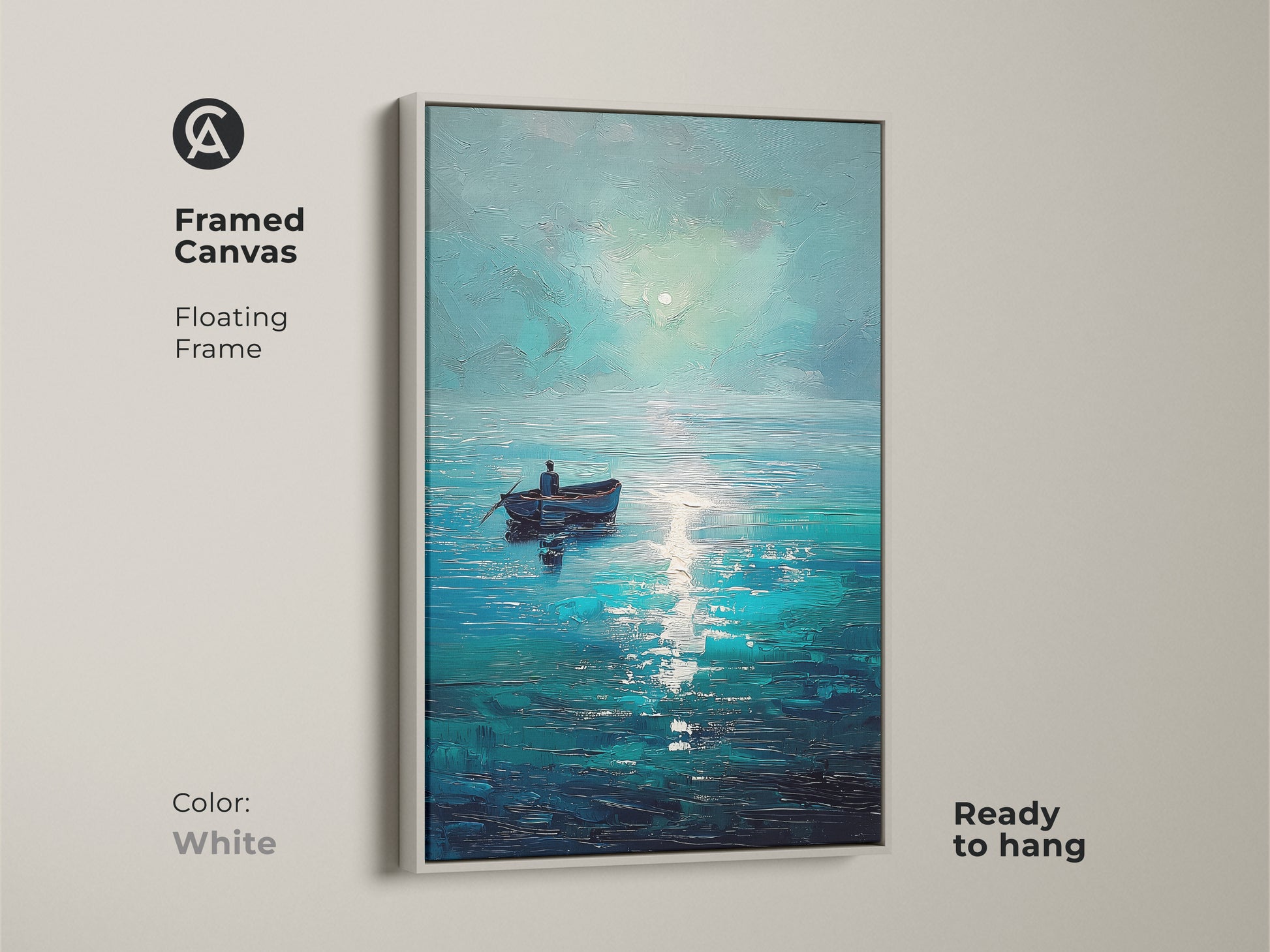 Framed canvas featuring deep blue ocean artwork. The white floating frame highlights the impressionistic seascape. Ready to hang this coastal canvas brings calm water to your walls. Perfect nautical home decor art.