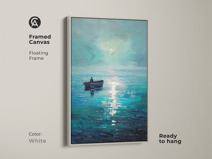 Framed canvas featuring deep blue ocean artwork. The white floating frame highlights the impressionistic seascape. Ready to hang this coastal canvas brings calm water to your walls. Perfect nautical home decor art.