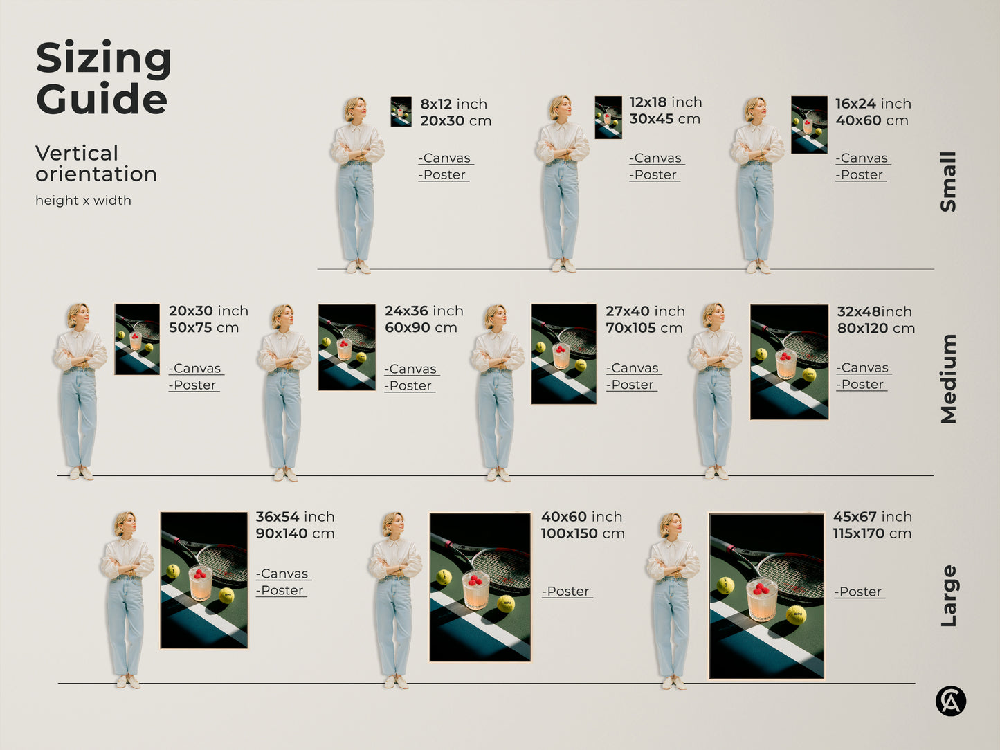 Sizing guide for vertical tennis artwork. Find the perfect fit for your space with canvas and poster options. Artwork features a cocktail tennis balls and a racket. Available in various sizes.