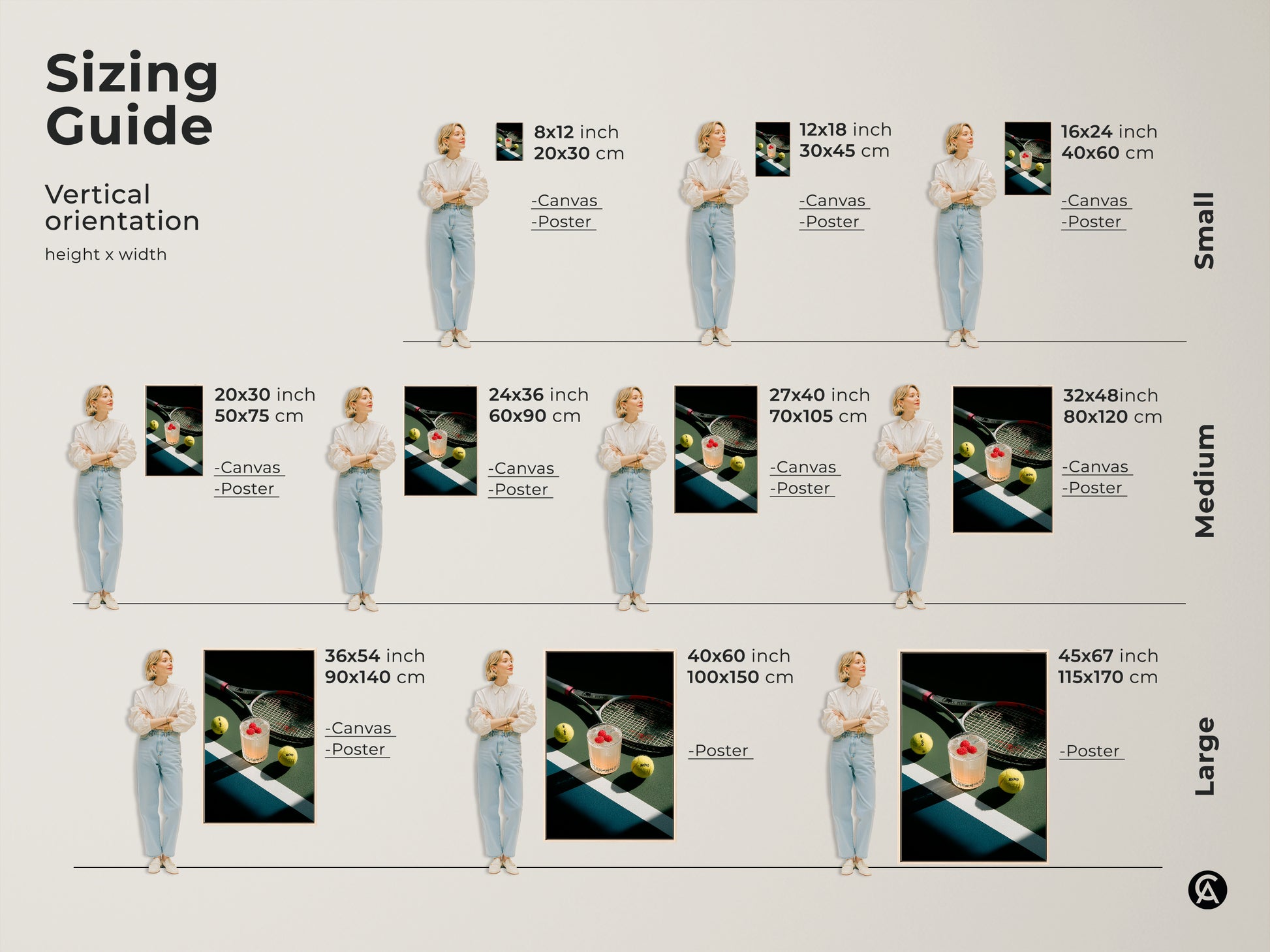 Sizing guide for vertical tennis artwork. Find the perfect fit for your space with canvas and poster options. Artwork features a cocktail tennis balls and a racket. Available in various sizes.