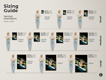 Sizing guide for vertical tennis artwork. Find the perfect fit for your space with canvas and poster options. Artwork features a cocktail tennis balls and a racket. Available in various sizes.