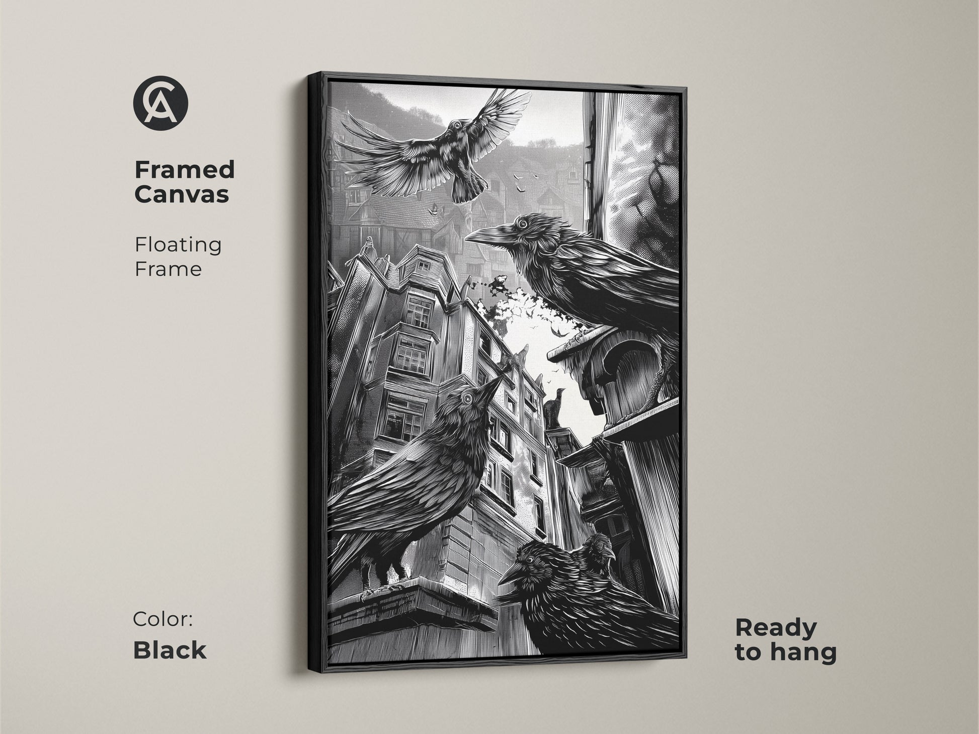 Framed canvas featuring gothic crow art. Black floating frame enhances this black and white urban artwork. Ideal for study room or office. Ready to hang. Perfect for gothic home decor or as a unique Halloween gift. The dark academia aesthetic is compelling.