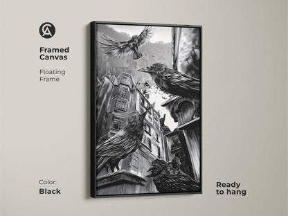 Framed canvas featuring gothic crow art. Black floating frame enhances this black and white urban artwork. Ideal for study room or office. Ready to hang. Perfect for gothic home decor or as a unique Halloween gift. The dark academia aesthetic is compelling.