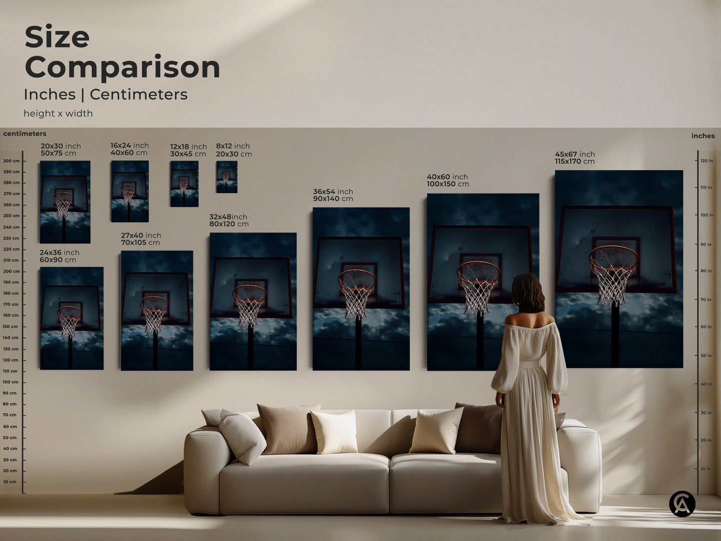 Size comparison of basketball hoop artwork in inches and centimeters. See how the sizes look above a sofa. Available in various sizes. Find the ideal sports fan wall decor or playable art print for teens.