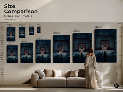 Size comparison of basketball hoop artwork in inches and centimeters. See how the sizes look above a sofa. Available in various sizes. Find the ideal sports fan wall decor or playable art print for teens.