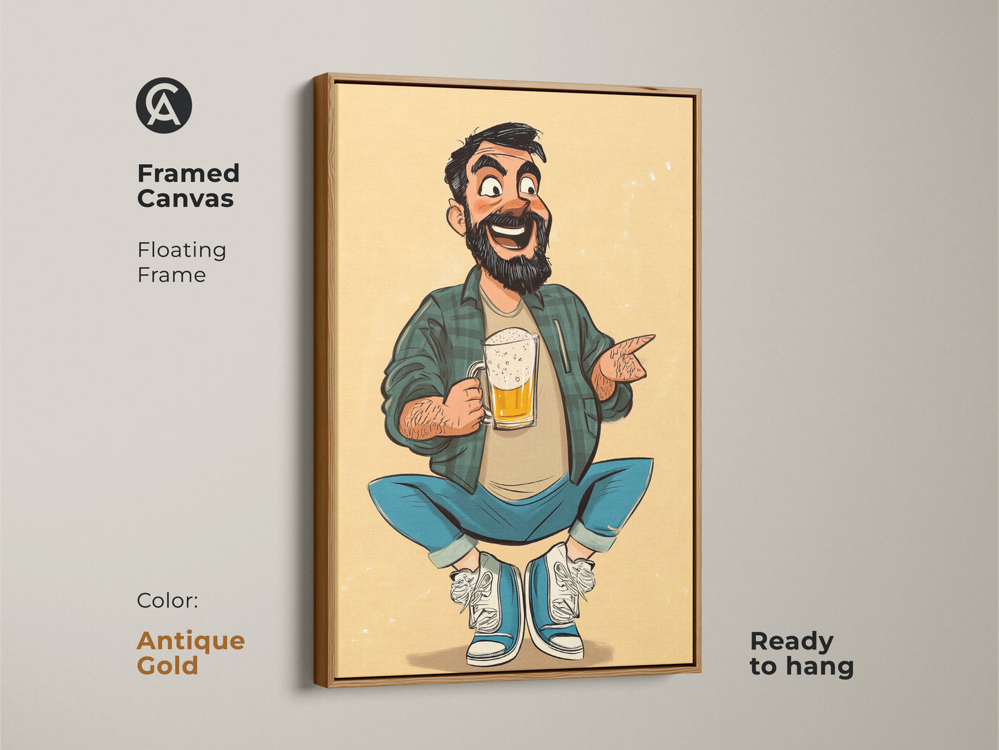 A cartoon man artwork holding a beer in a framed canvas. This funny beer lover gift is ready to hang with its antique gold floating frame. Ideal wall art for a man cave or pub. Makes a great Father's Day gift.