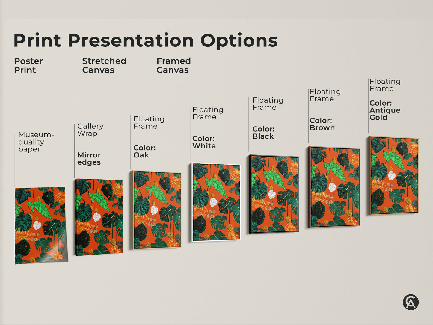 Sizing guide for vertical boho botanical prints. Options include canvas and poster in small medium and large sizes. Visualize 8x12 to 45x67 inch tropical Monstera and fern leaf artwork in your space. Perfect nature pattern wall art to fit any room's dimensions.